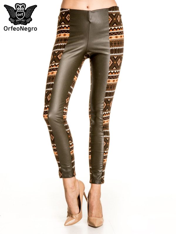 Khaki leather pants with modules in Aztec patterns