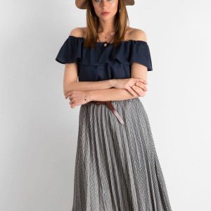 Black Pleated Striped Midi Skirt