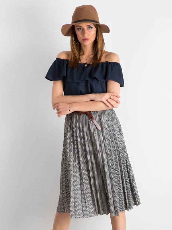 Black Pleated Striped Midi Skirt