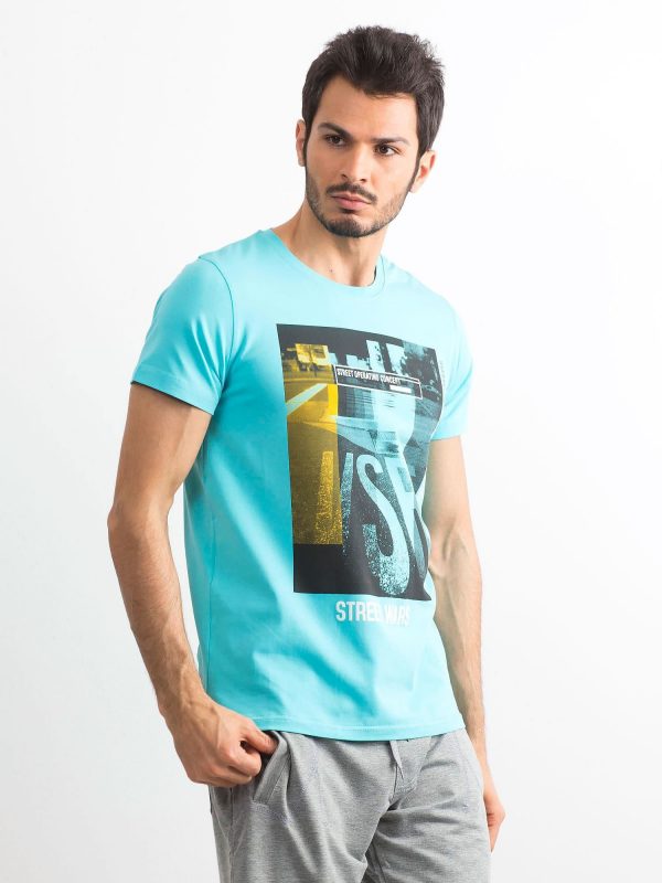 Light Blue Cotton Urban Print Men's T-Shirt