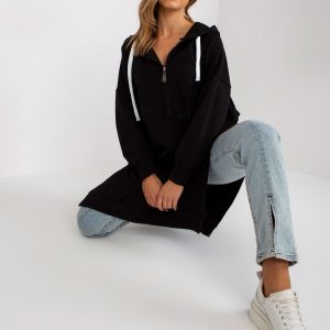 Black long sweatshirt with hood and slits