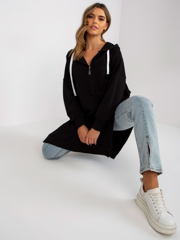 Black long sweatshirt with hood and slits