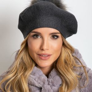 Dark gray knitted beret with pompom