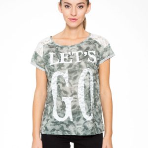 Green T-shirt with LET'S GO inscription and lace inserts