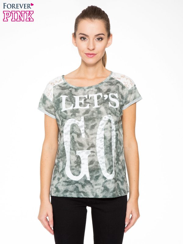 Green T-shirt with LET'S GO inscription and lace inserts