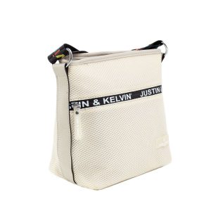 Beige shoulder bag with colorful strap