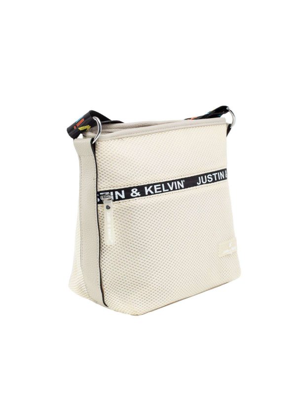 Beige shoulder bag with colorful strap