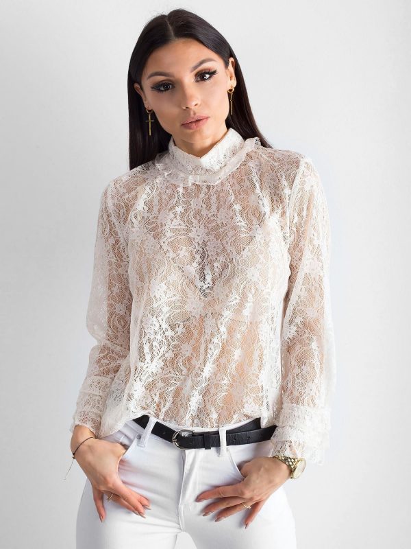 Ecru lace blouse with stand-up collar