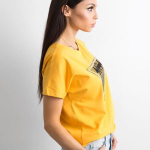 Yellow t-shirt with applique and cutout on the back