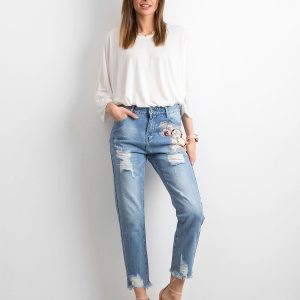 Blue mom jeans pants with floral applique