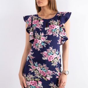 Navy blue floral dress with flounces on the sleeves