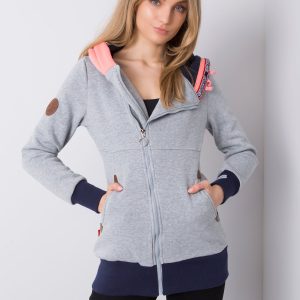 Light gray long sweatshirt with buttons on the hood