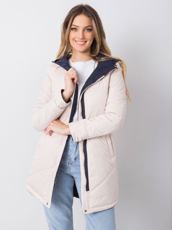 Navy blue and beige double-sided parka jacket with hood