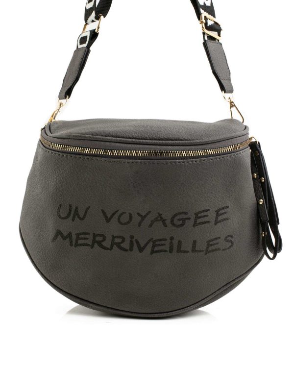 Dark grey handbag with inscription