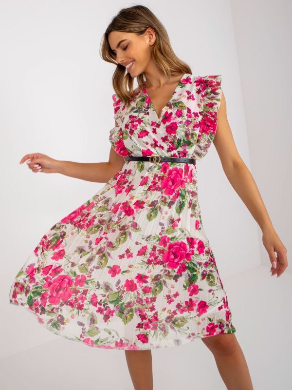 Ecru-Pink Pleated Floral Print Dress