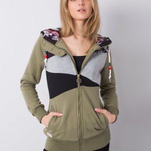 Khaki long sweatshirt in asymmetrical pattern buttons