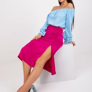 Fuchsia midi skirt in imitation satin with slit RUE PARIS