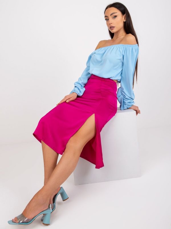 Fuchsia midi skirt in imitation satin with slit RUE PARIS