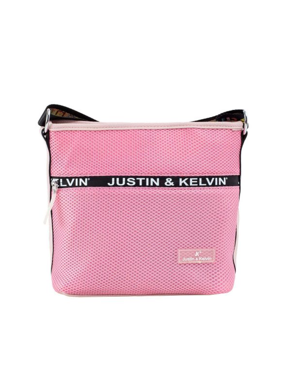 Pink shoulder bag with colorful strap