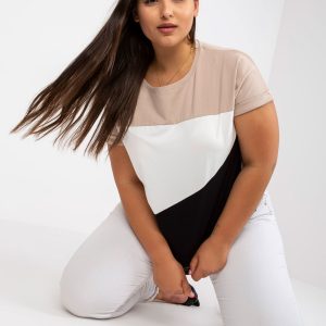 Beige Black Plain Plus Size Cotton T-Shirt