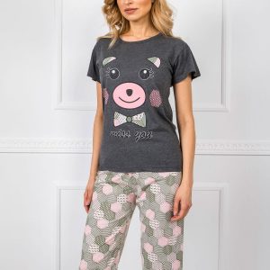 Dark Grey Two Piece Printed Pyjamas