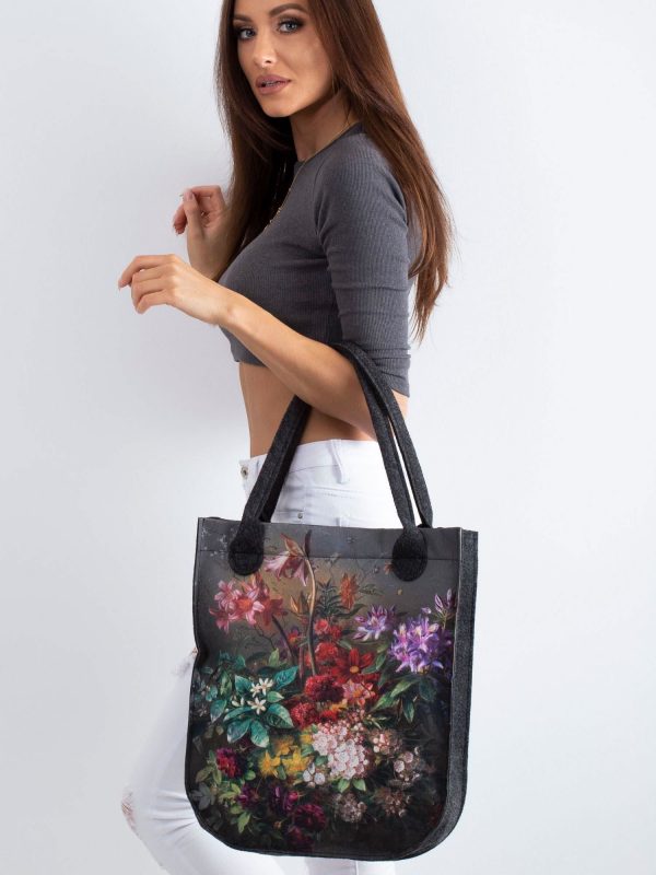 Graphite Felt Bag with Flower Printing