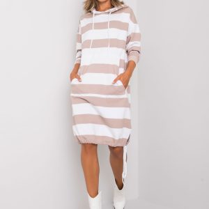 Jeannie's white and beige striped dress