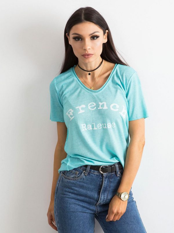 Turquoise blouse with inscription