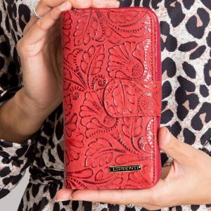 Red leather wallet with vegetable motif