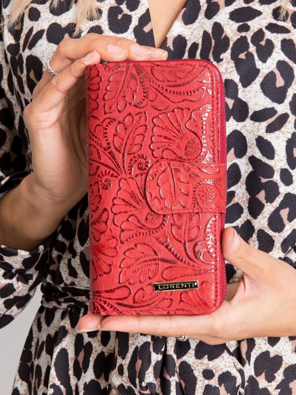 Red leather wallet with vegetable motif