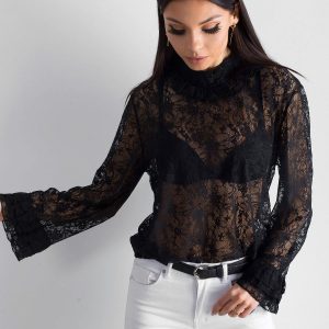 Black lace blouse with stand-up collar