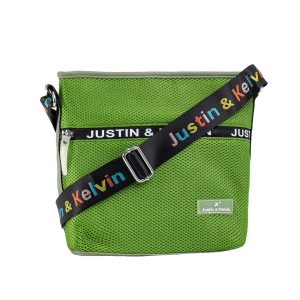 Green shoulder bag with colorful strap