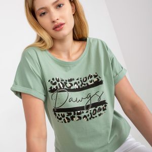 Pistachio cotton t-shirt plus size with rhinestones applique