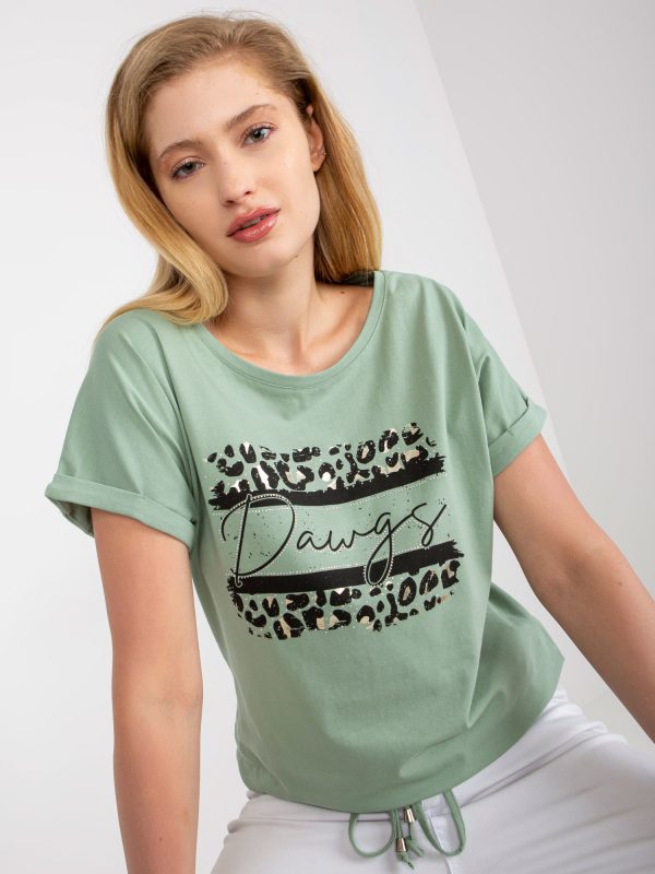 Pistachio cotton t-shirt plus size with rhinestones applique