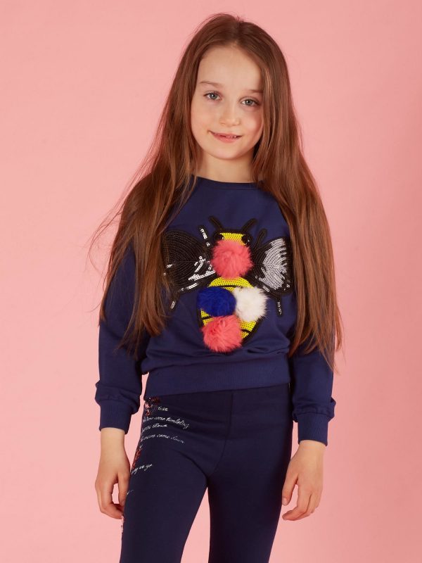 Navy blue sweatshirt for girl with colorful appliqué