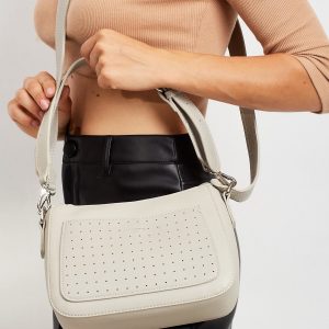 Gray handbag with openwork pocket