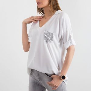 White blouse for women with sequin pocket