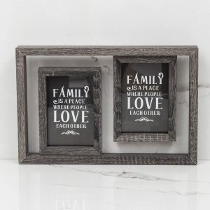 Dark brown shelf with frames