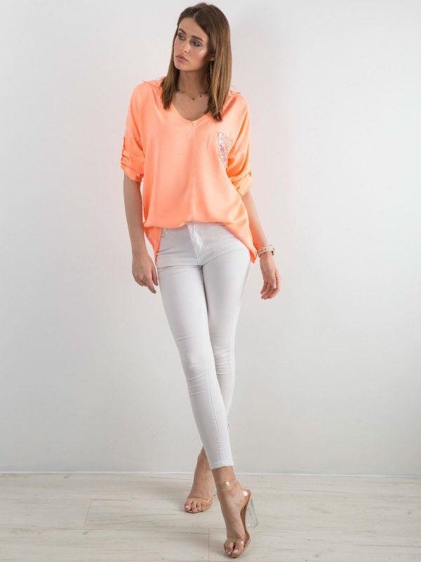 Fluo orange blouse for women with sequin pocket