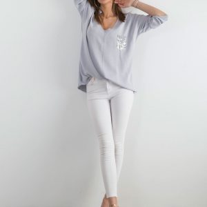 Grey blouse for women with sequin pocket