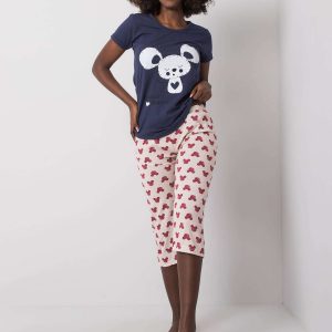 Navy Blue and Beige Women's Cotton Pyjamas