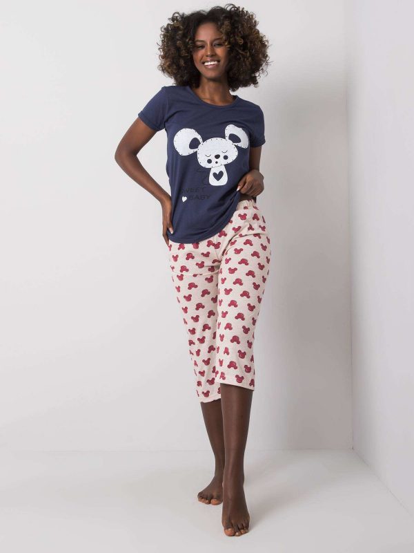 Navy Blue and Beige Women's Cotton Pyjamas