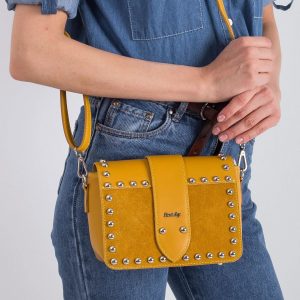 Dark Yellow Leather Messenger Bag with studs