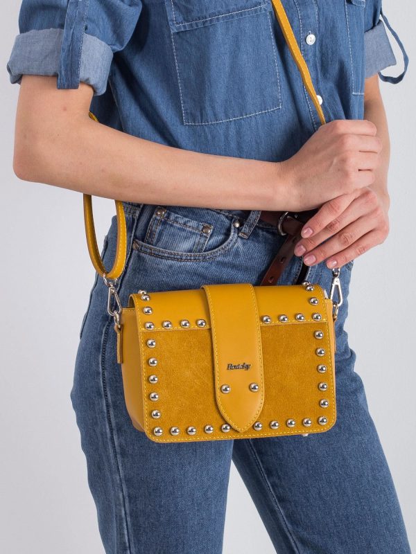 Dark Yellow Leather Messenger Bag with studs