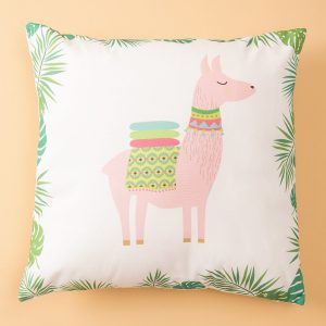 White pillow with colorful print