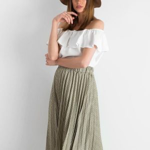 Khaki Pleated Striped Midi Skirt