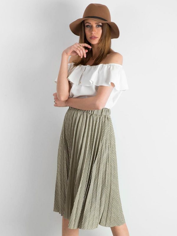 Khaki Pleated Striped Midi Skirt