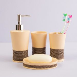 Beige and brown bathroom accessories