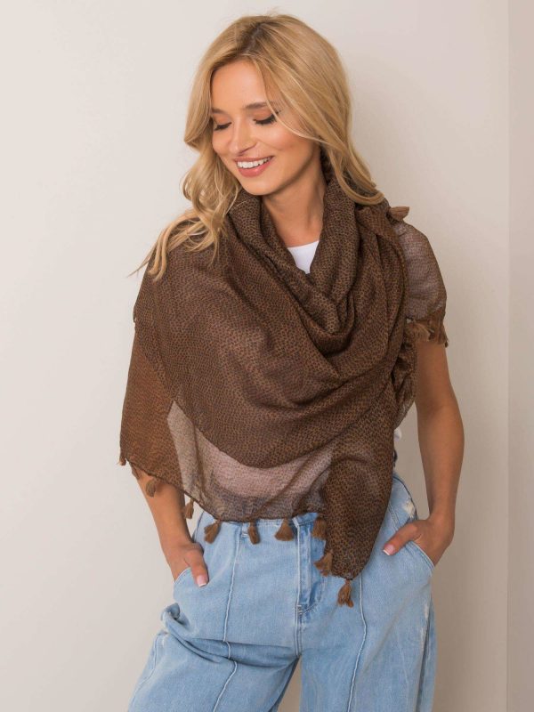 Brown patterned scarf with fringes