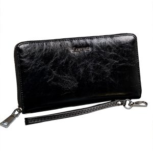 Women's Black Leather Wallet with Handle